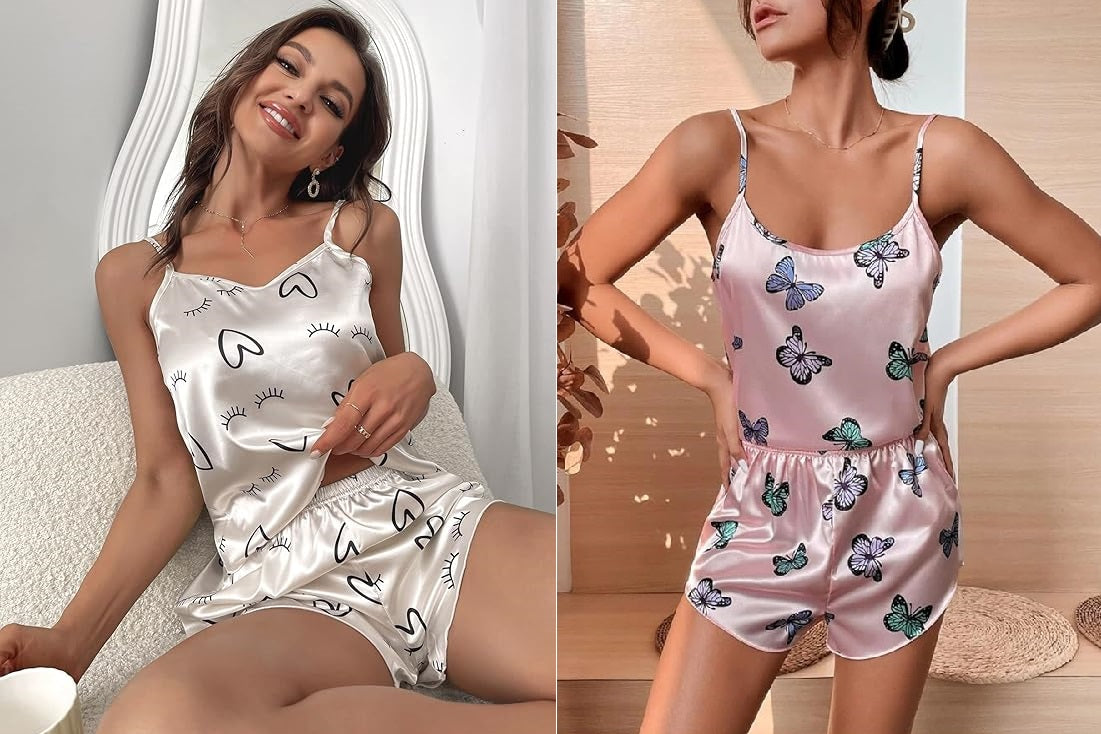 Pink Butterfly + Off White Heart Satin Nightwear Set 🦋🤍